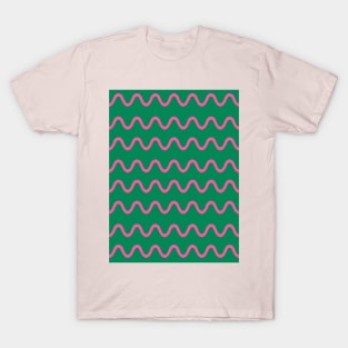 Wavy, Squiggly Lines, Pink on Green T-Shirt